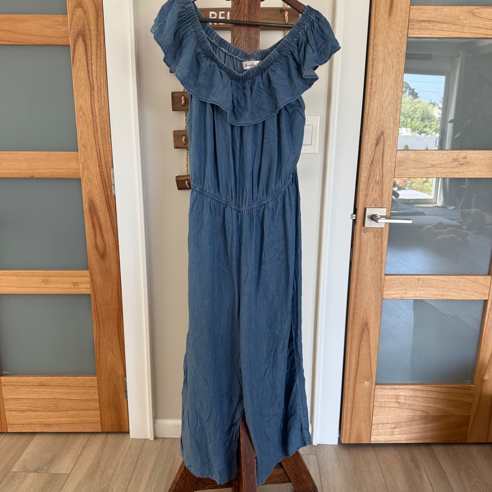 Magnolia Skye Blue‎ Tencel Off Shoulder Ruffle Wide Leg Jumpsuit Women's XL EUC